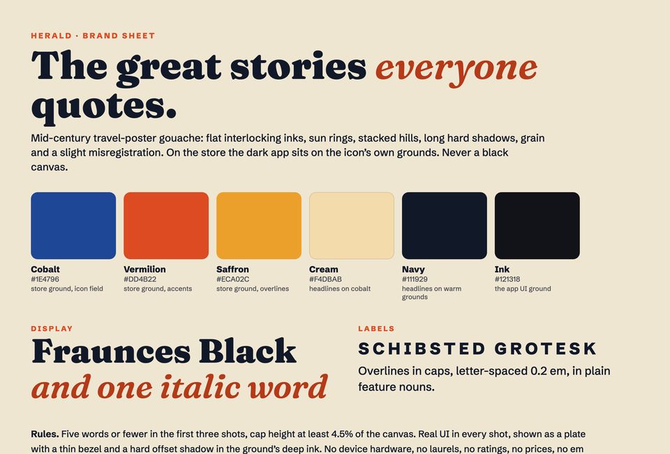 The Herald brand sheet: colors, Fraunces Black with one italic word, and Schibsted Grotesk labels.