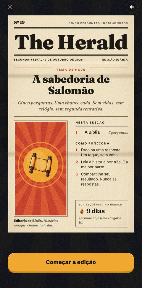 A edição do dia do Herald, no estilo de primeira página de jornal, com o tema e cinco perguntas.