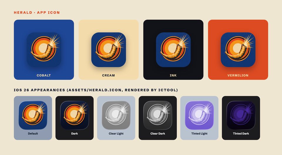 The Herald app icon on cobalt, cream, ink and vermilion, with its six iOS 26 appearances.
