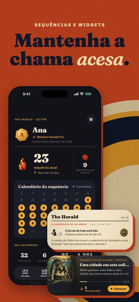 Profile with a 23-day streak and widgets.